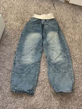 Revice Denim Wide Leg Baggy Acid Wash Patchwork Jeans with Ribbed Waistband